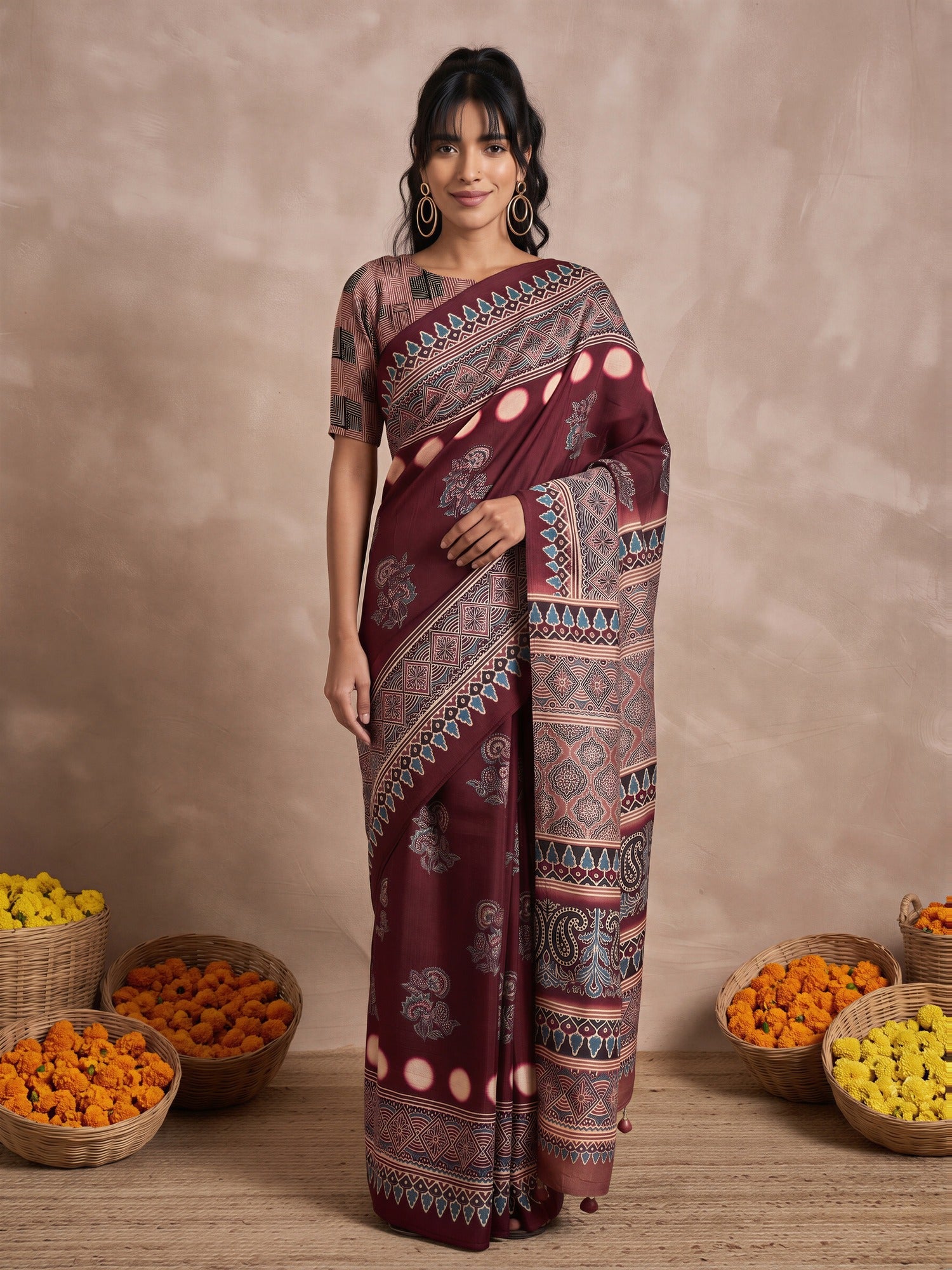 Woman wearing maroon viscose silk saree with ajrak block-print motif work and rose blouse