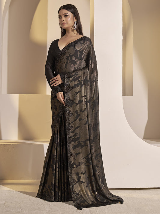 Black satin silk saree view 1