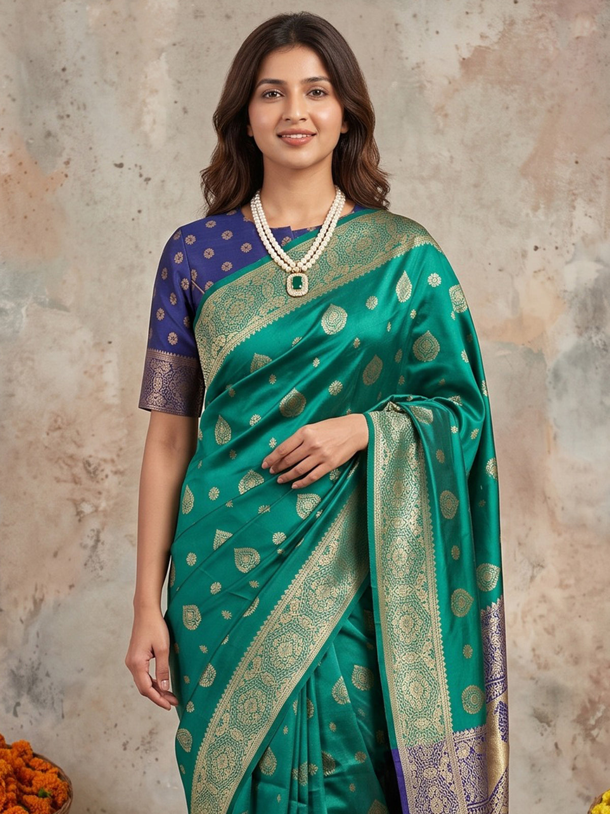 Teal Green Silk Blend saree – detail view 4