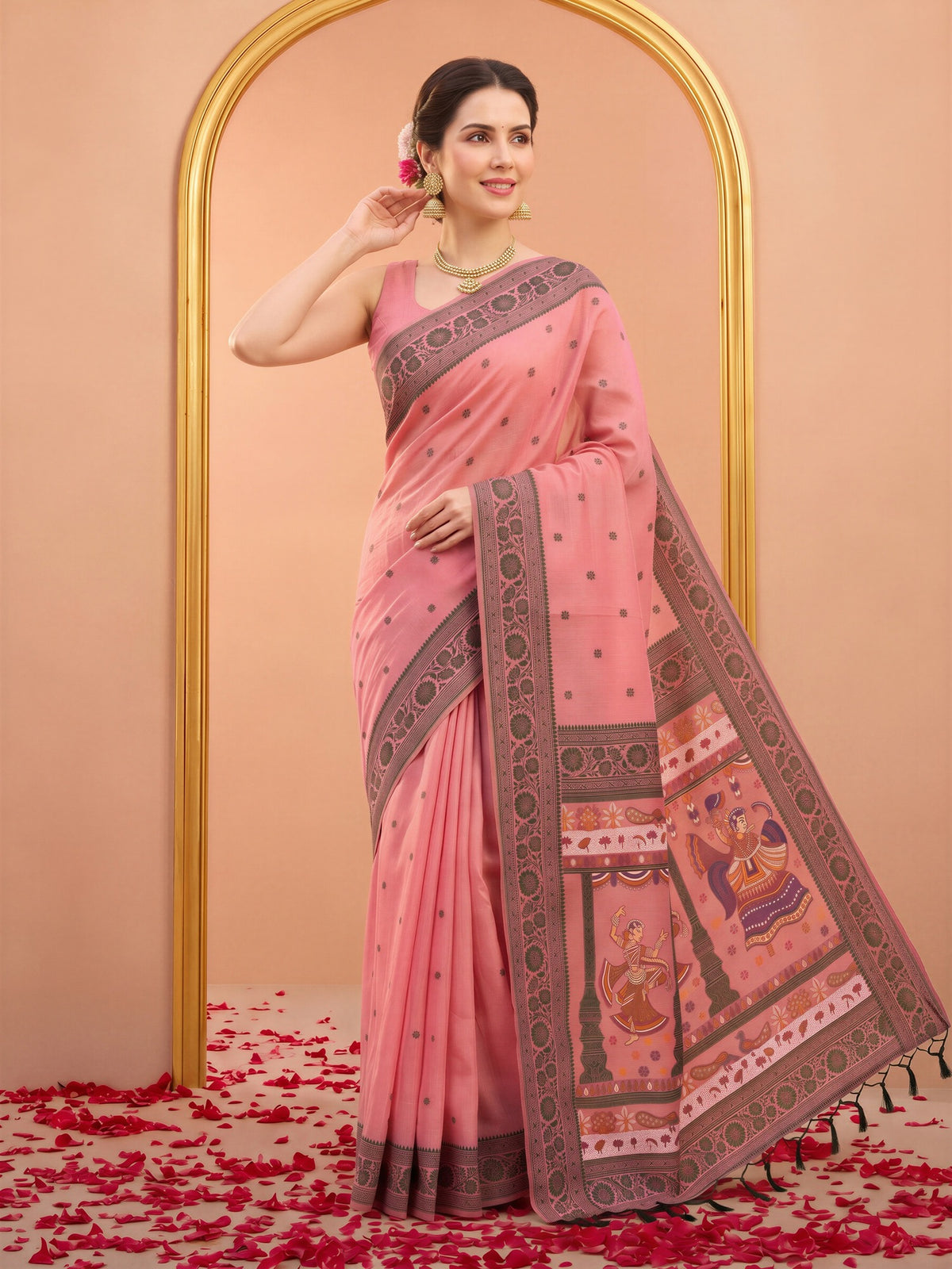 Peach cotton blend saree view 3