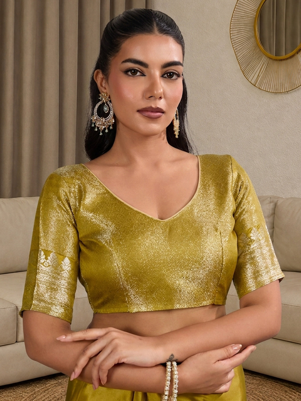 Unstitched olive satin blouse piece with ethnic motif design