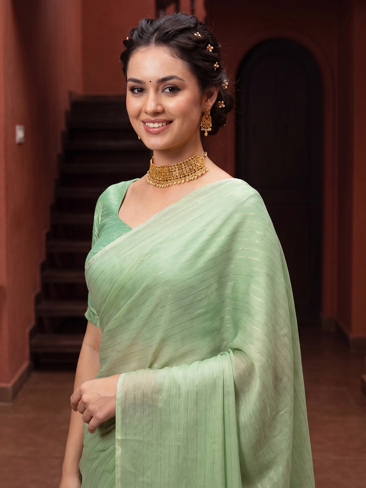 Light Green Poly Georgette saree – detail view 4
