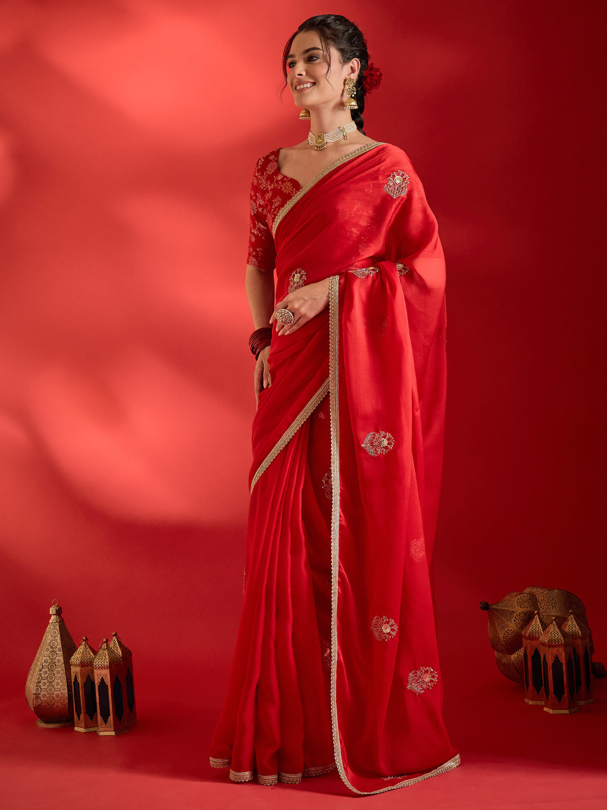 Red Pure Georgette saree – detail view 2