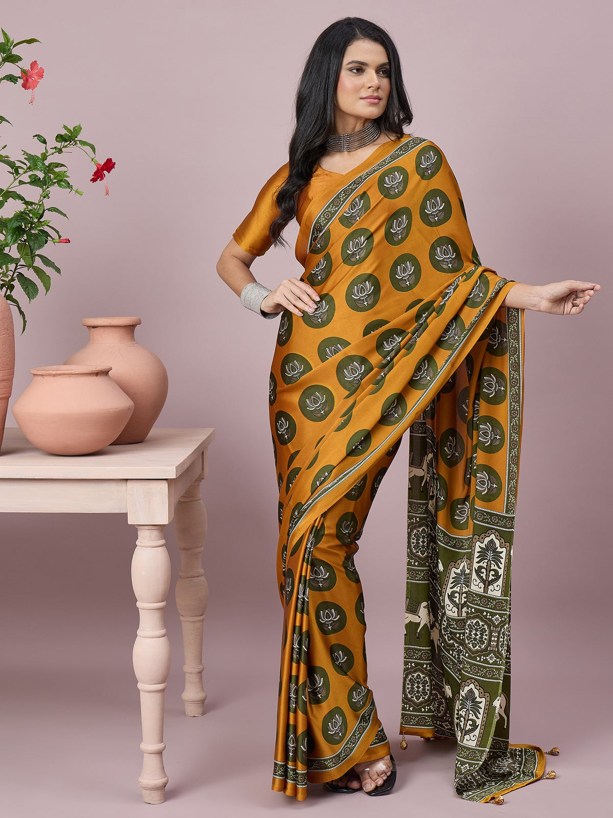 Mustard ethnic motif satin saree with mustard blouse piece