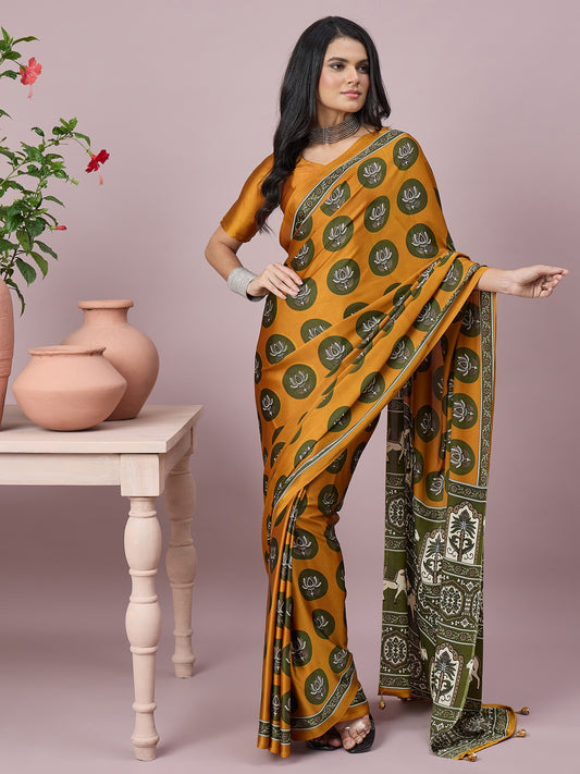 Mustard ethnic motif satin saree with mustard blouse piece