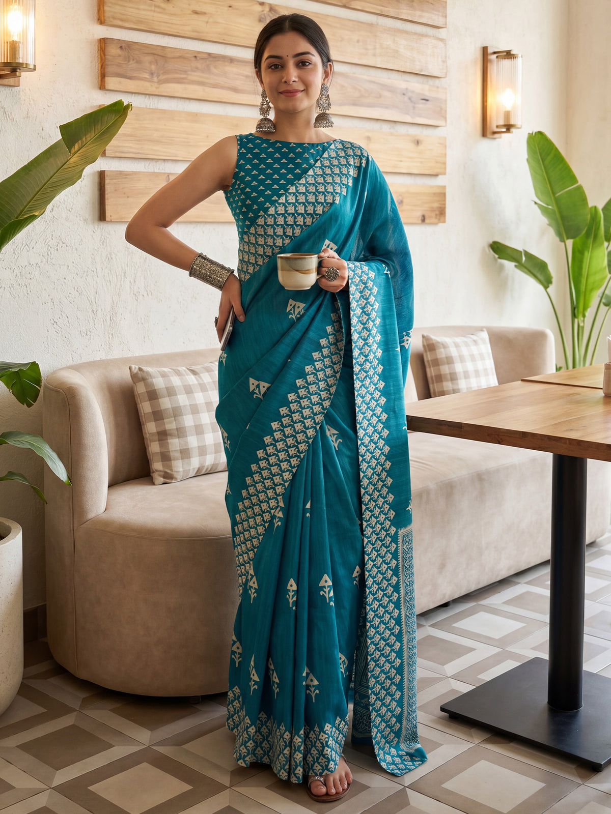 Woman wearing teal blue cotton blend saree with traditional indian motif work and teal blue blouse