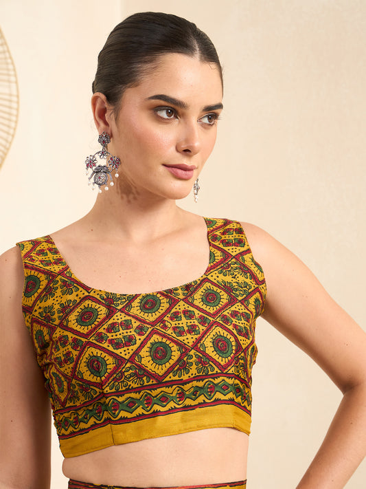 Unstitched mustard pure crepe blouse piece with ethnic motif design