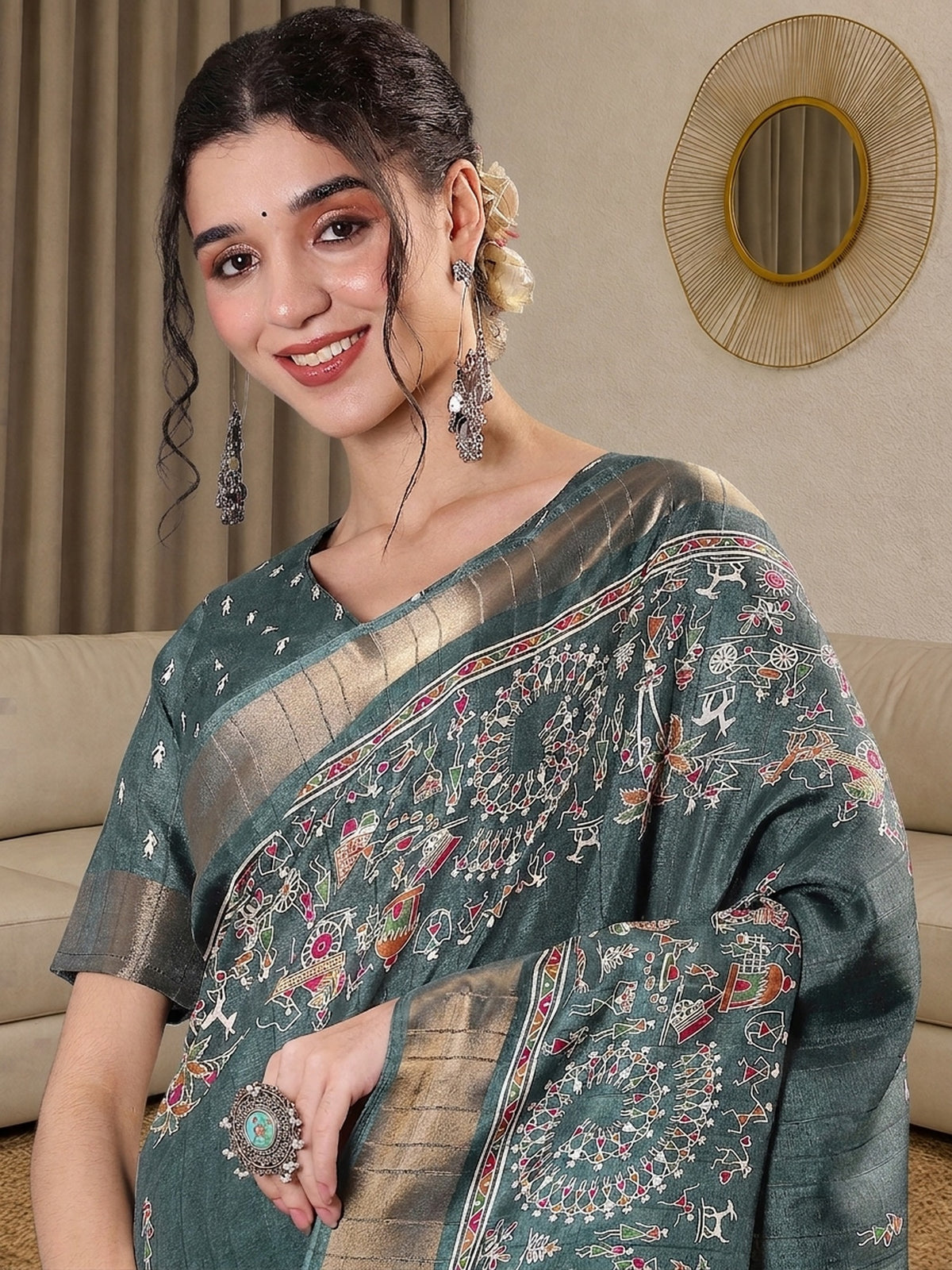 Teal Green Silk Blend saree – detail view 2