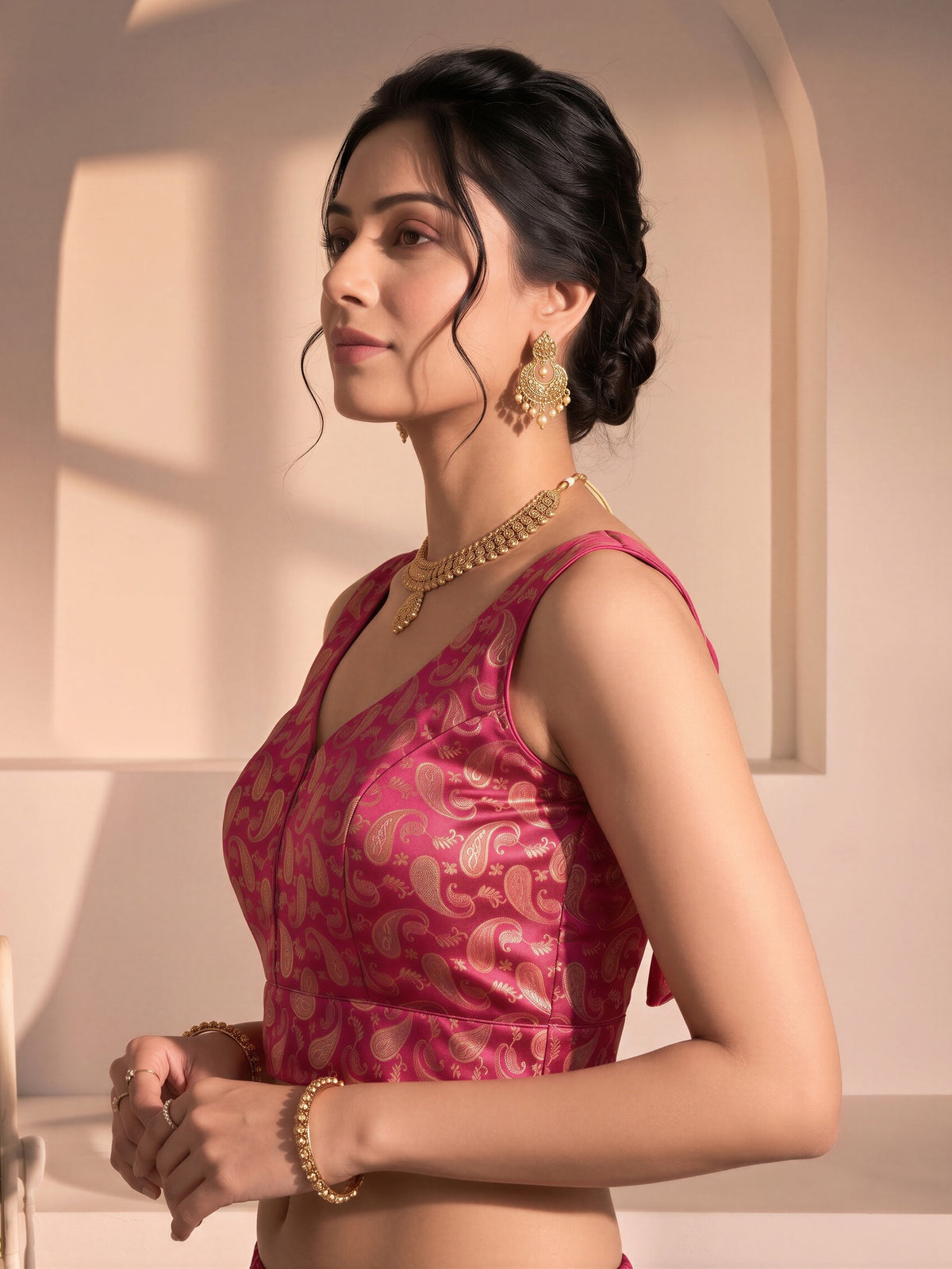 Pink woven brocade silk blend sleeveless readymade saree blouse with v neck view 1