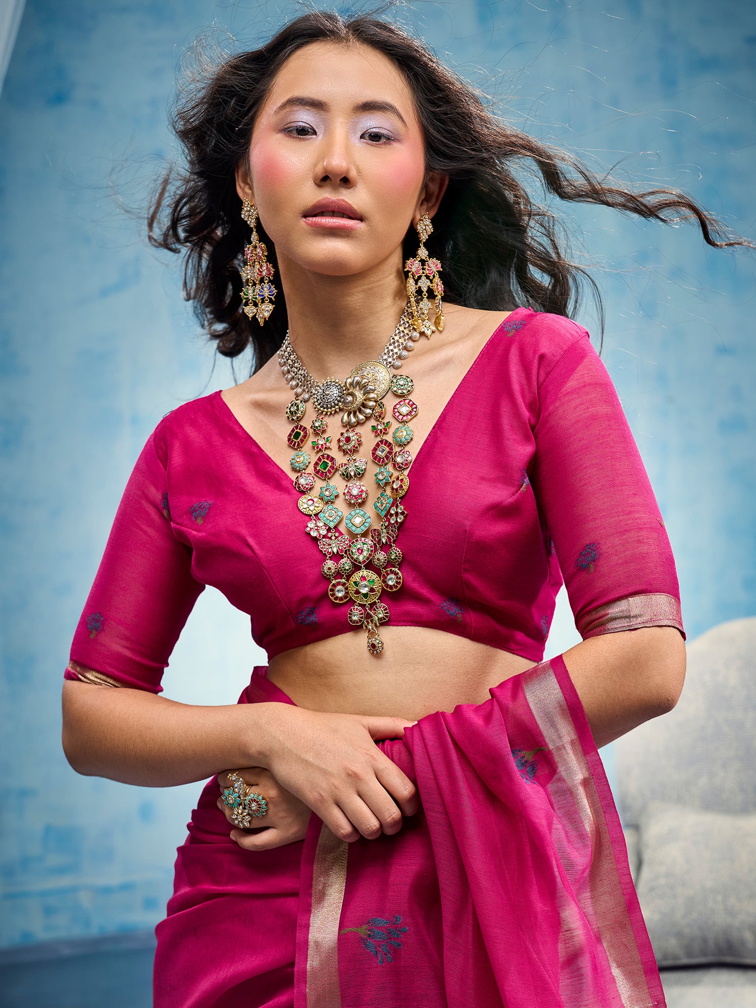 Unstitched pink muga cotton blouse piece with woven design design