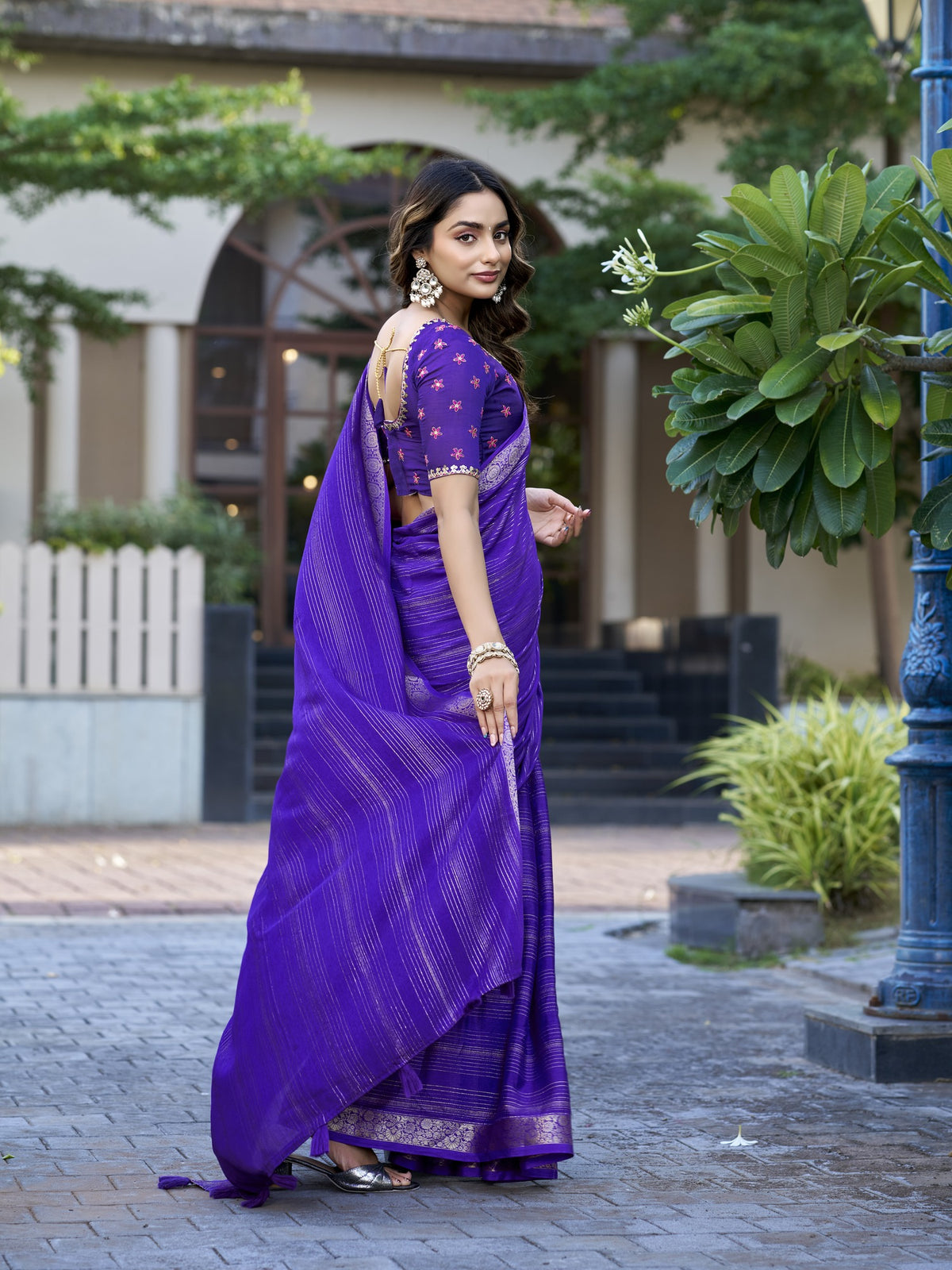 Violet jacquard saree view 4