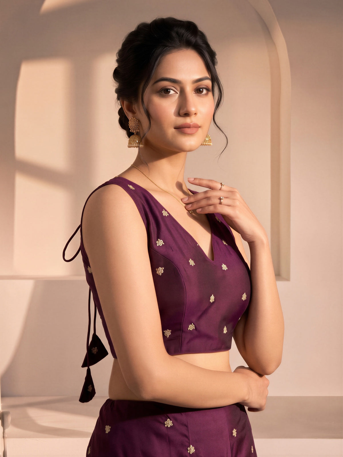 Wine sequin embellished vichitra silk sleeveless readymade saree blouse with v neck view 3
