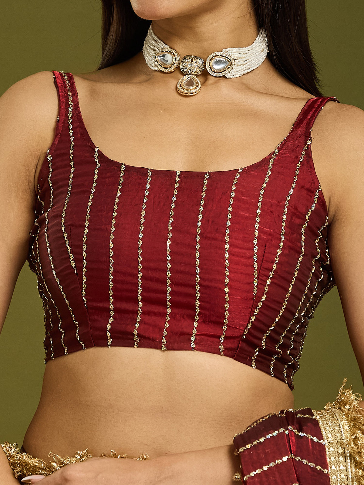 Maroon Satin saree – detail view 1