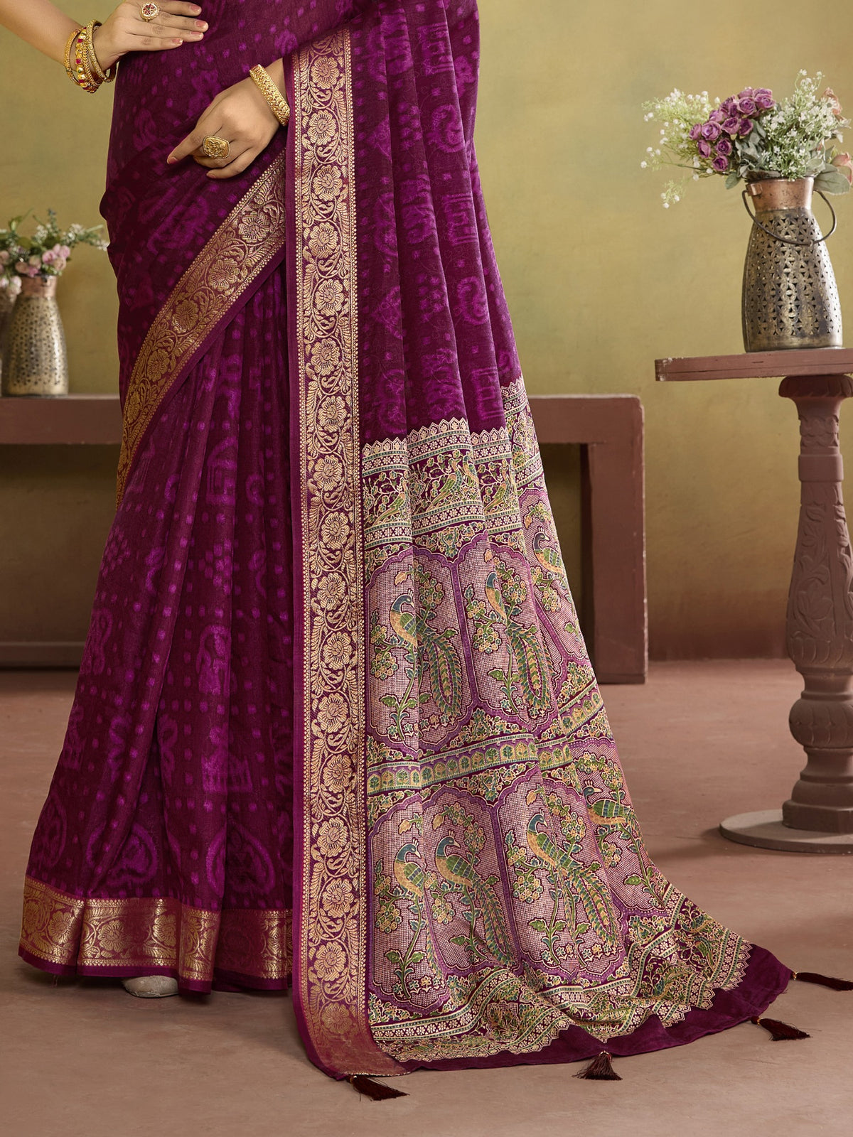 Wine tussar silk saree view 1