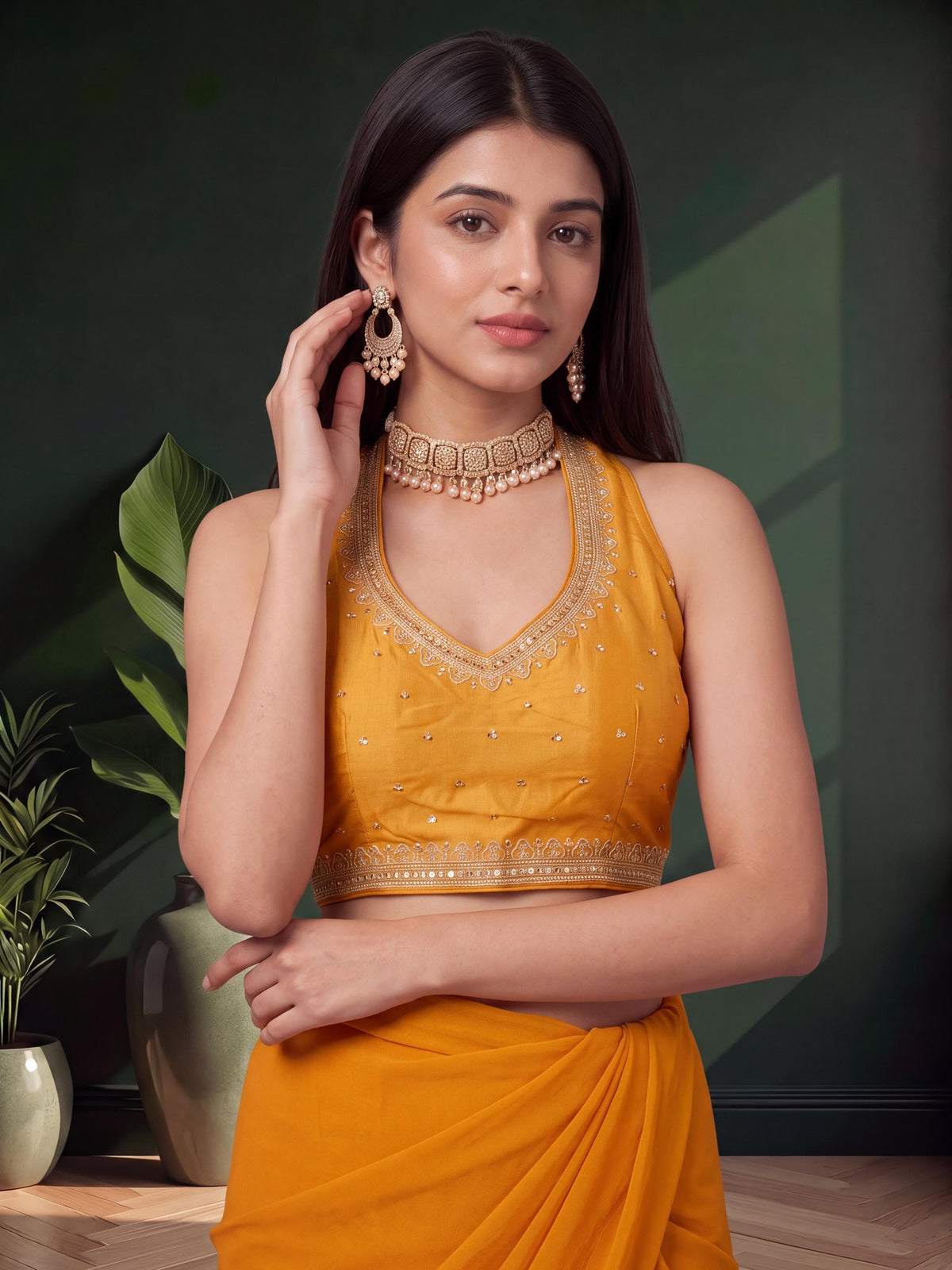 Mustard sequin embellished vichitra silk sleeveless readymade saree blouse with v neck view 4