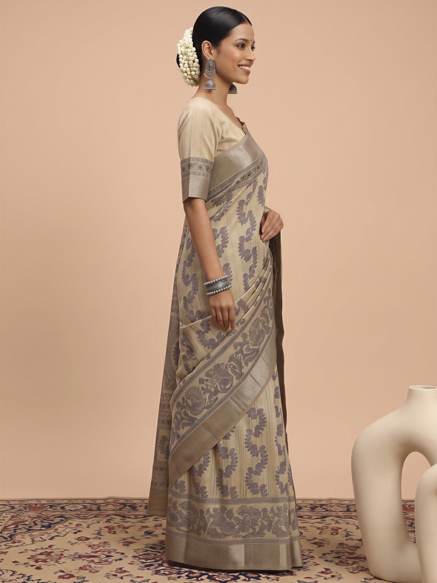 Beige Satin Silk saree – detail view 2