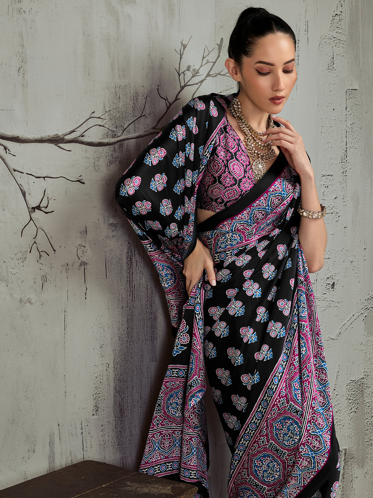 Black satin saree view 3