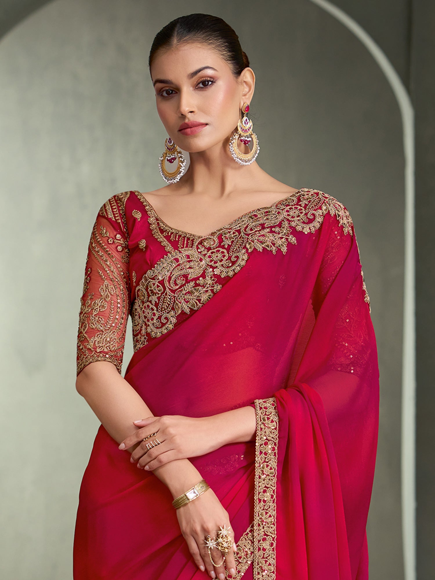 Red Chiffon saree – detail view 2