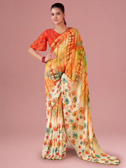 Woman wearing mustard georgette saree with all-over floral design and coral blouse
