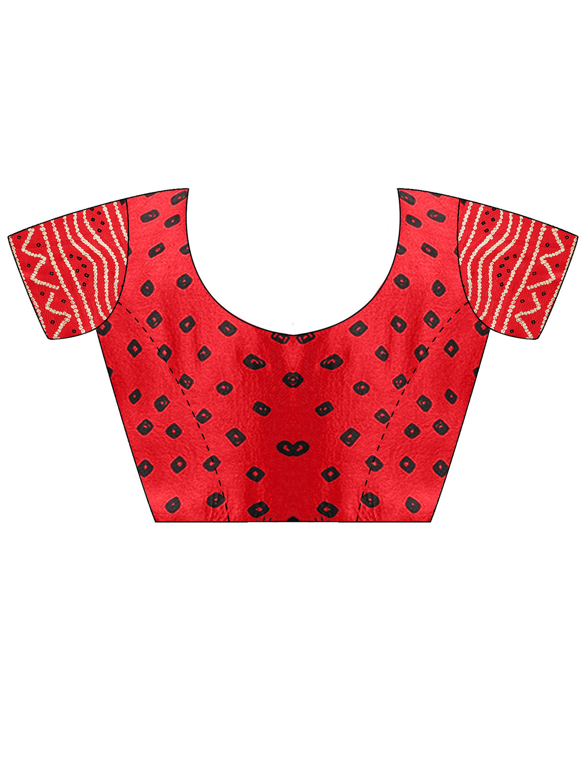 Unstitched red satin silk blouse piece with bandhani design