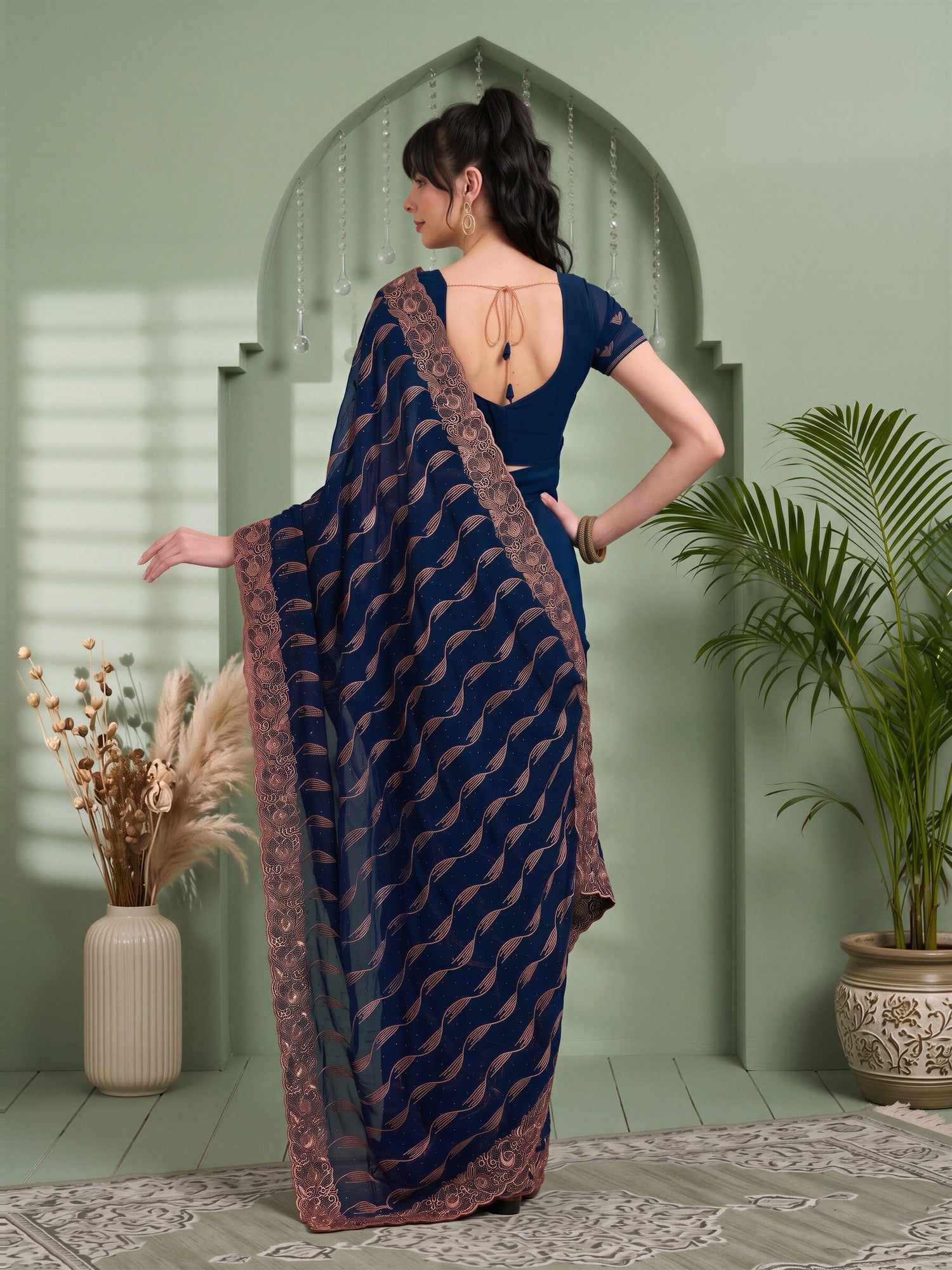 Teal Blue Pure Georgette saree – detail view 1