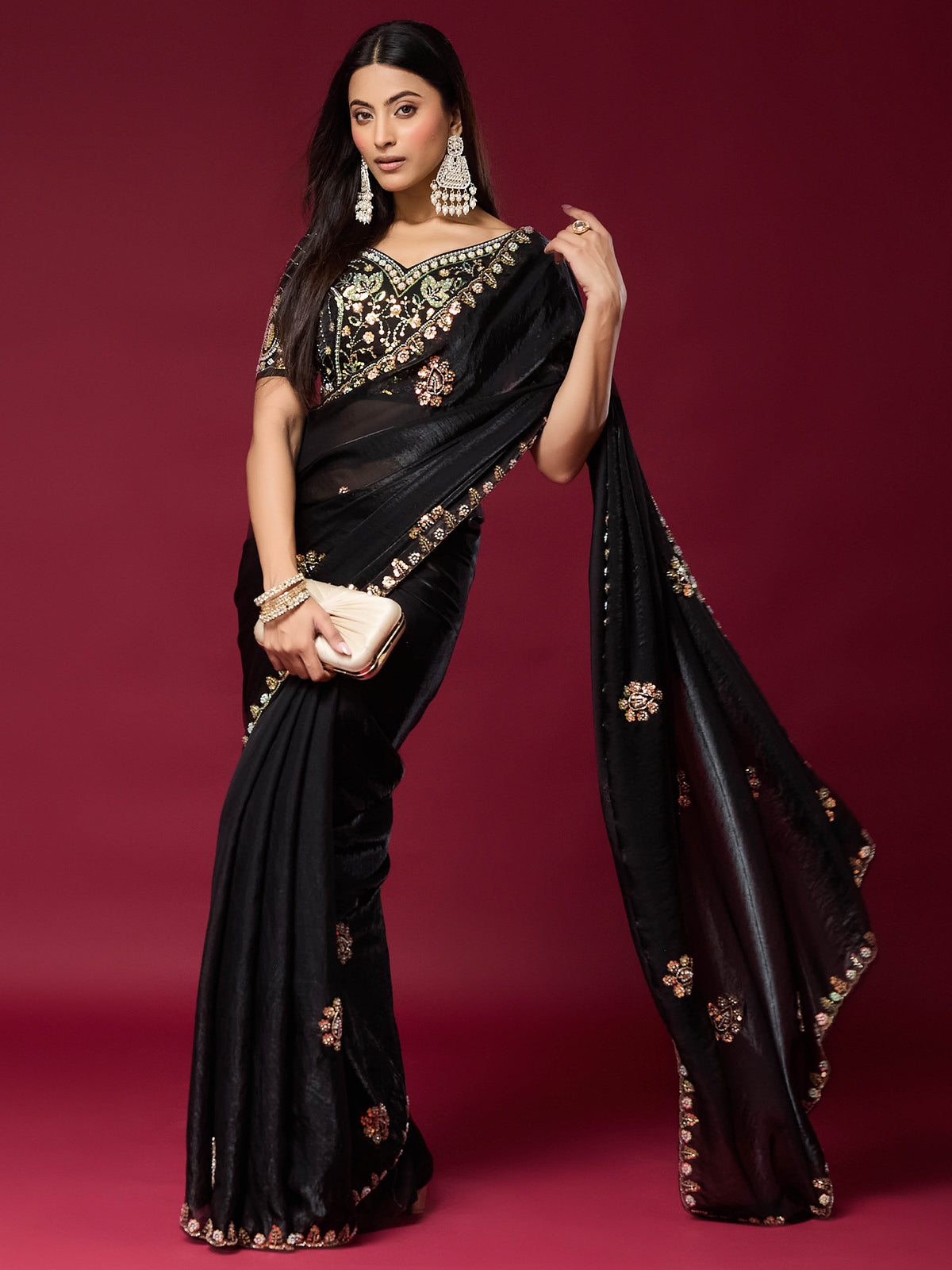 Black Satin Silk saree – detail view 2
