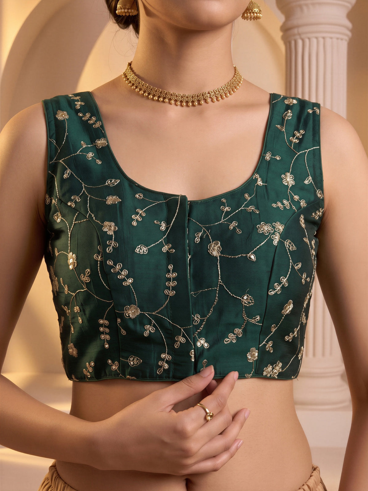 Green sequin embroidered vichitra silk sleeveless readymade saree blouse with round neck view 4