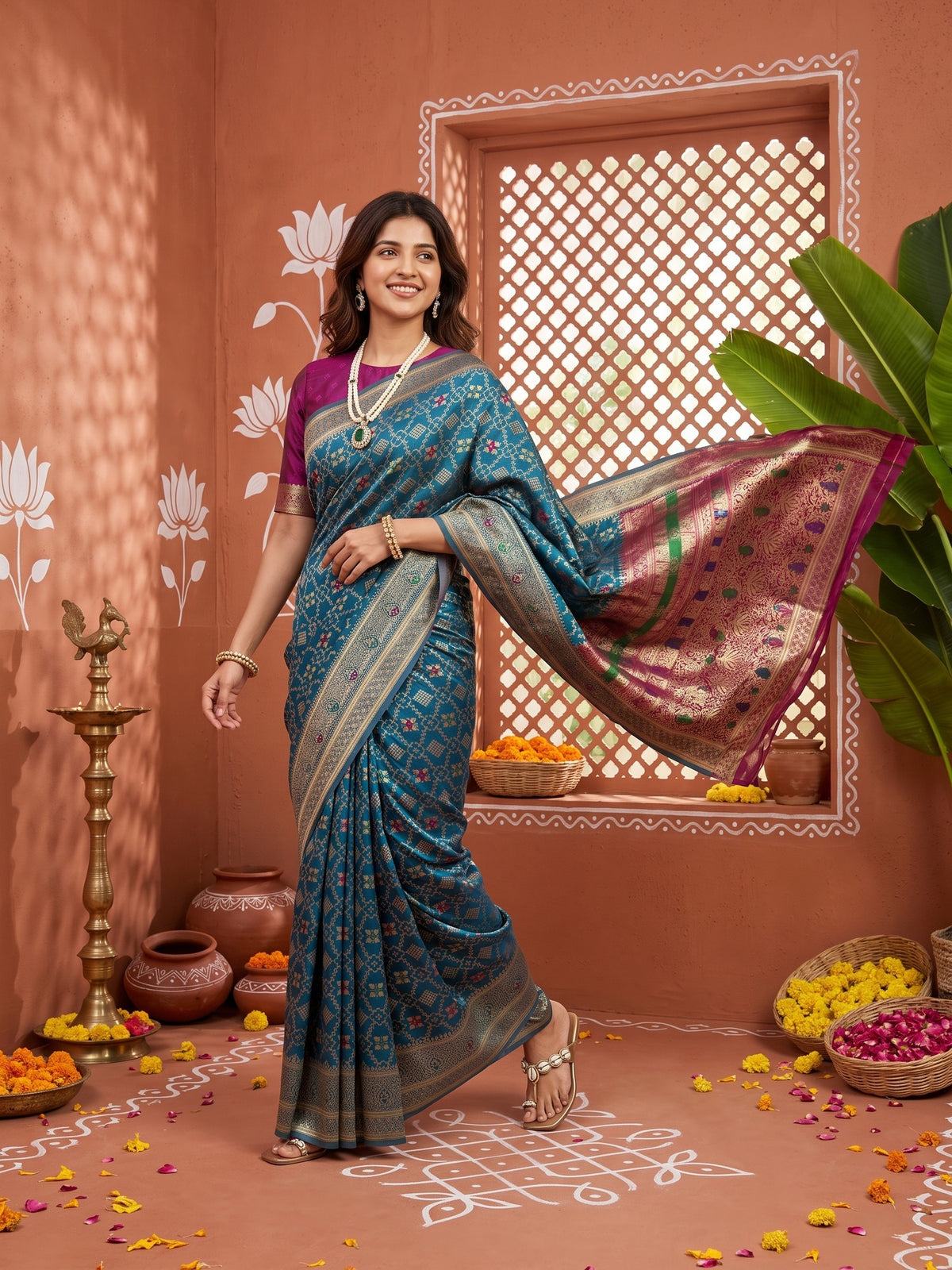 Teal Blue Silk Blend saree – detail view 3