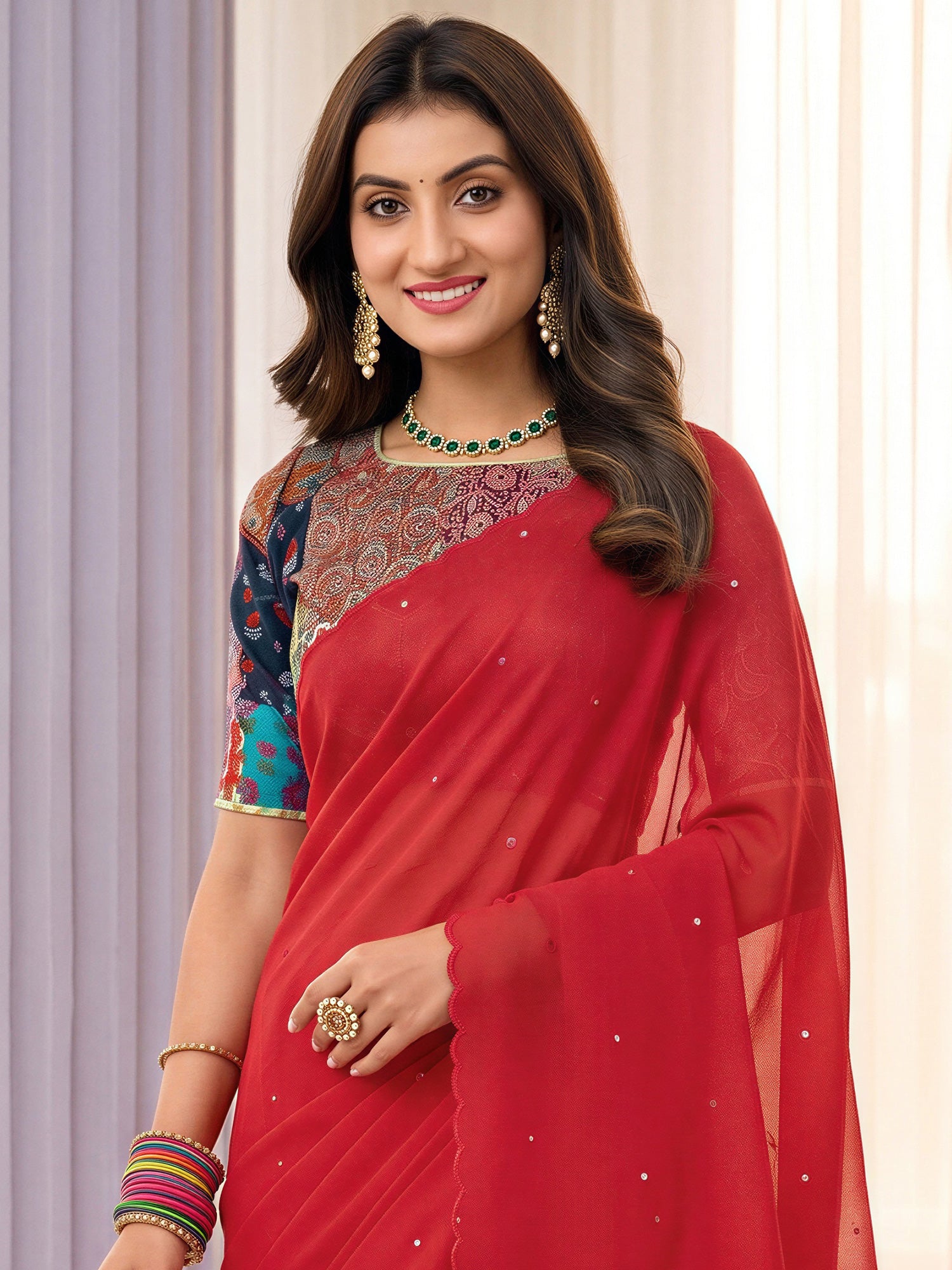 Red Cotton saree – detail view 3