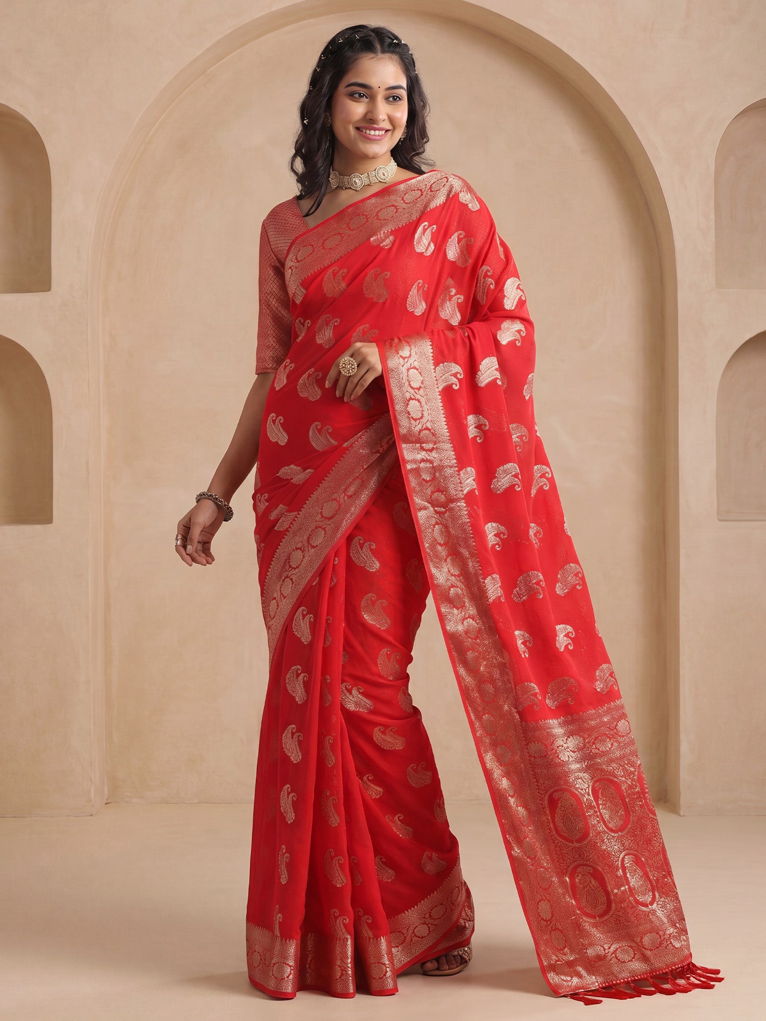 Red Georgette saree – detail view 2