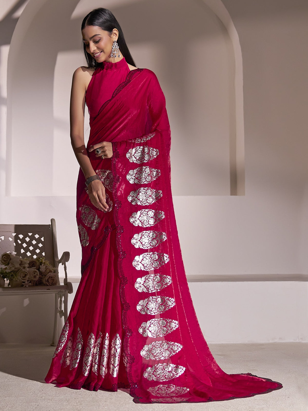 Pink foil satin silk saree with pink blouse piece