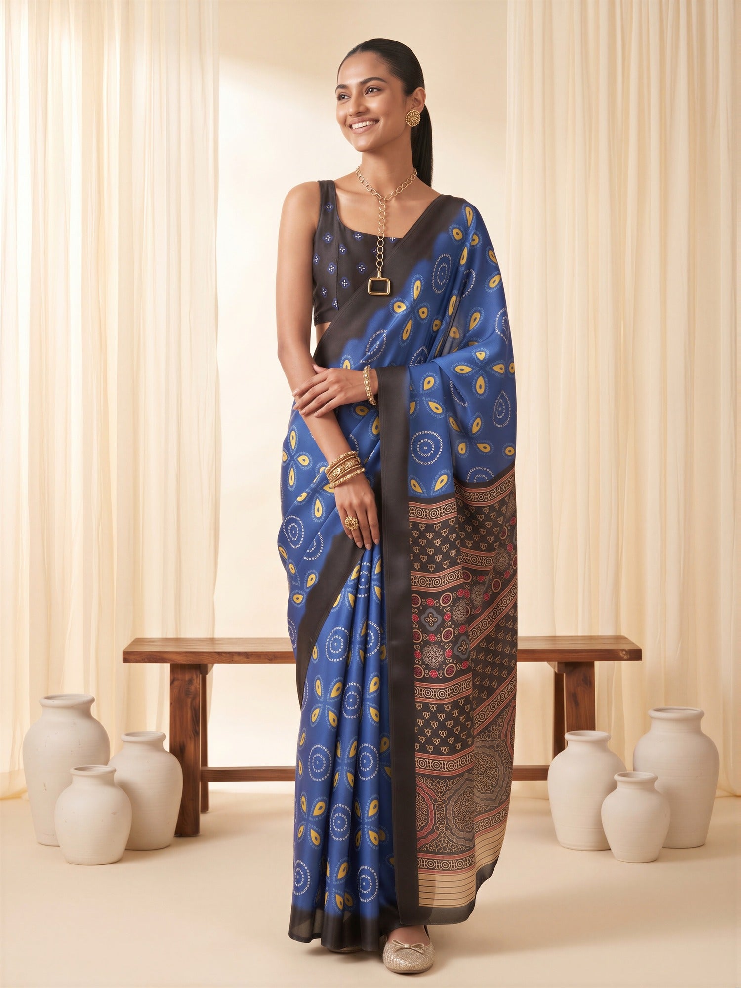 Blue Satin saree – detail view 3
