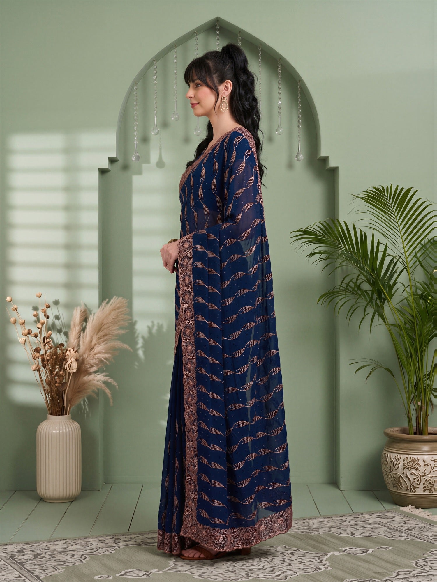 Teal Blue Pure Georgette saree – detail view 2