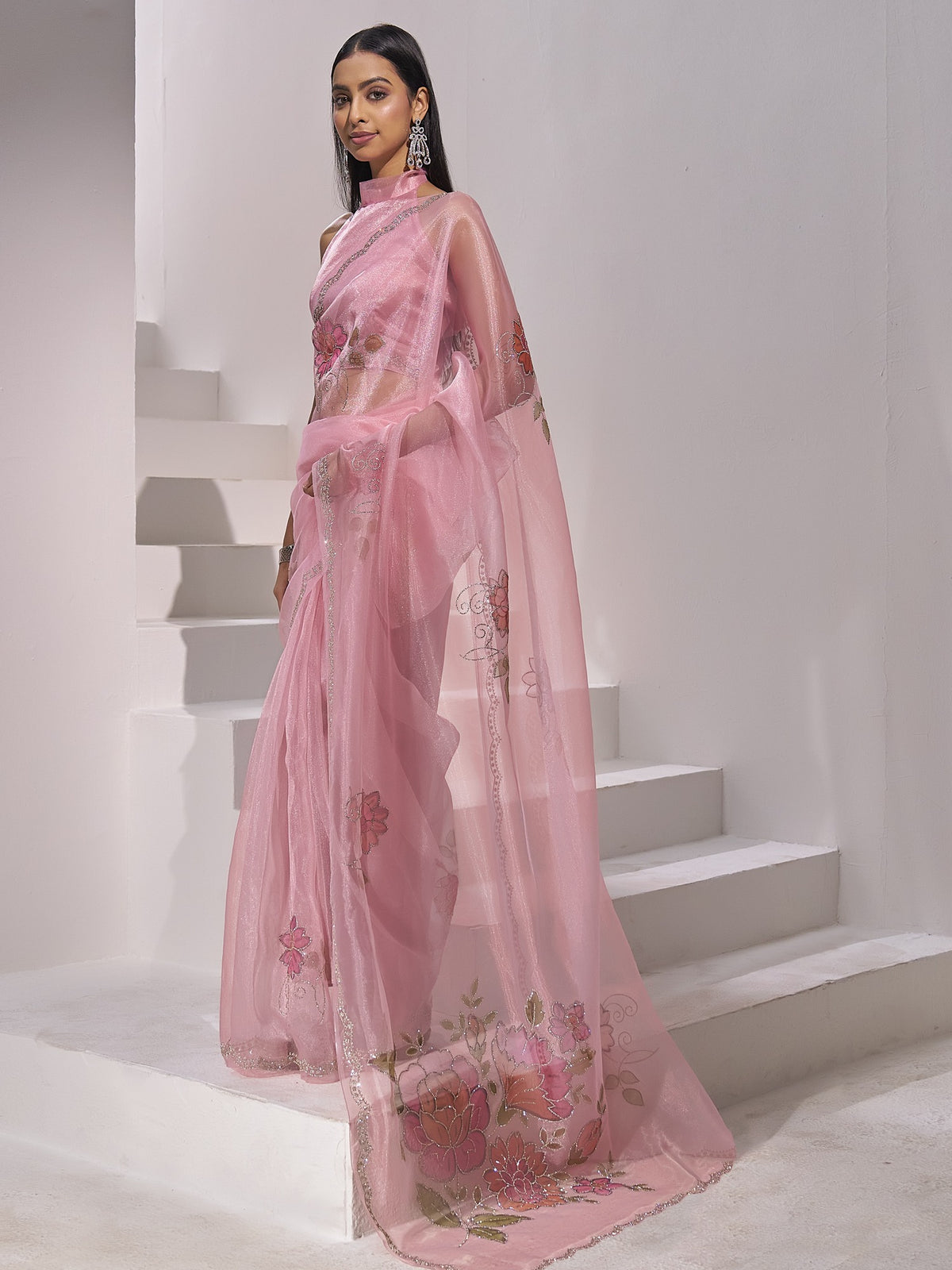Pink organza saree view 1