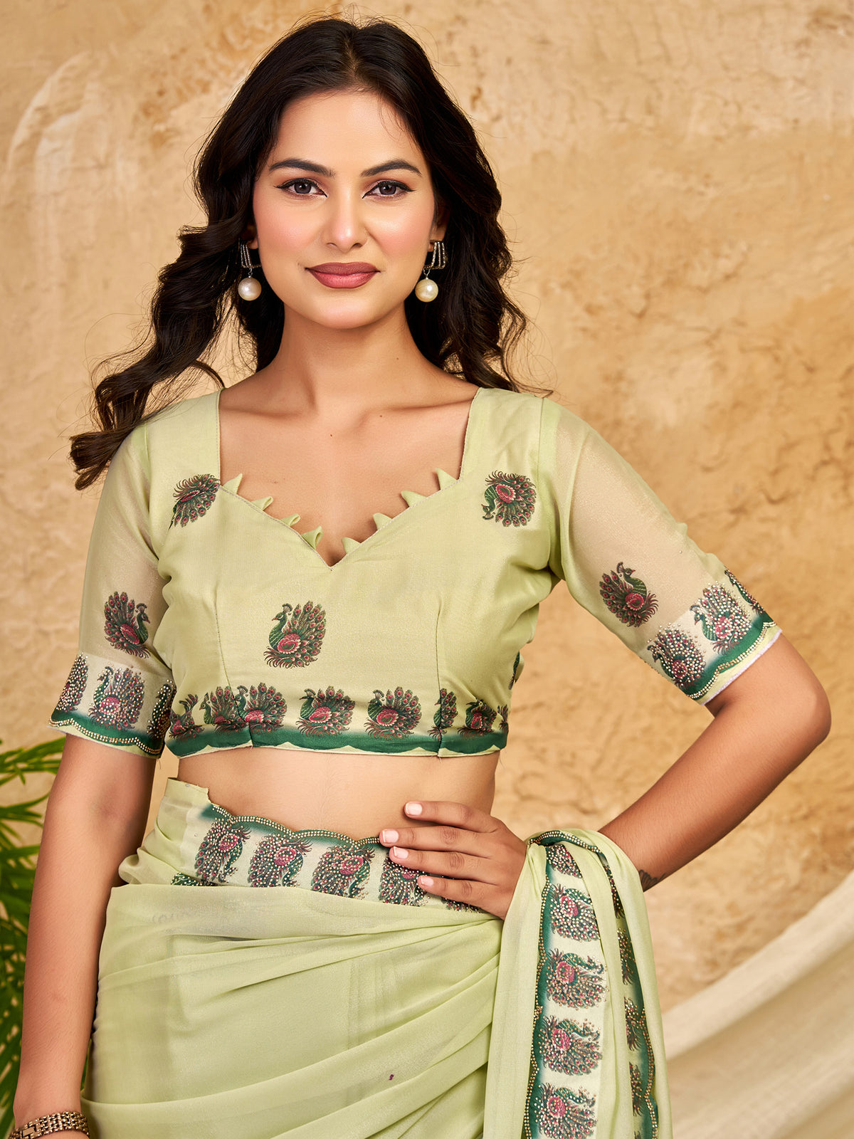 Unstitched mint green georgette blouse piece with peacock design