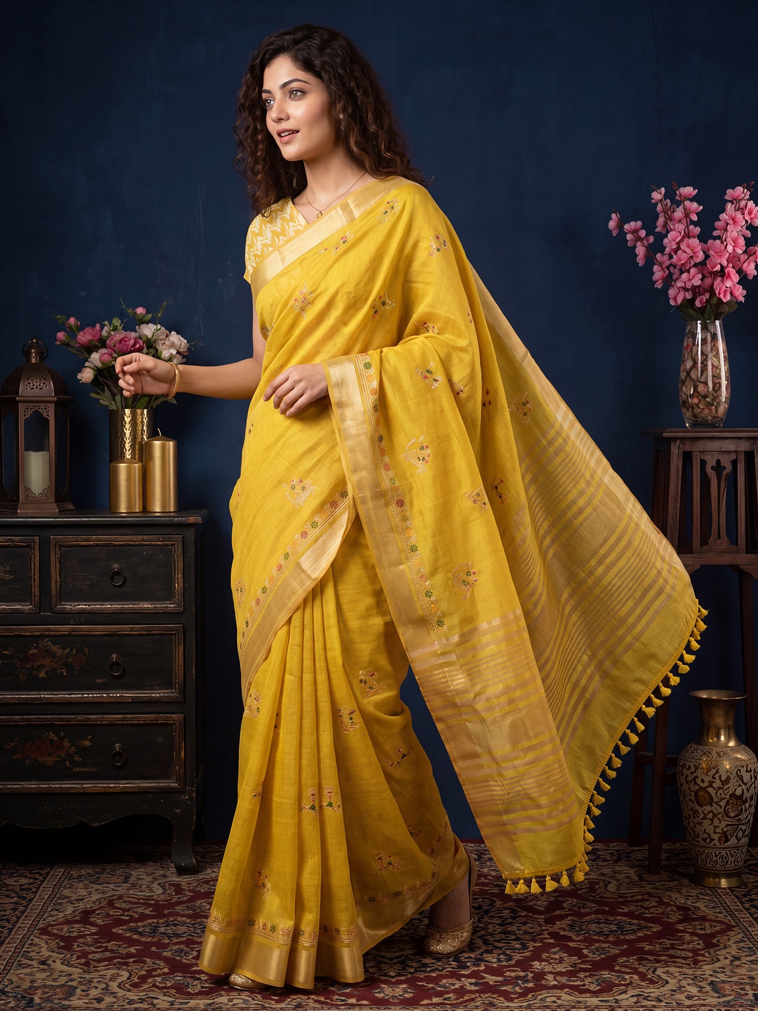 Yellow Cotton Linen saree – detail view 2