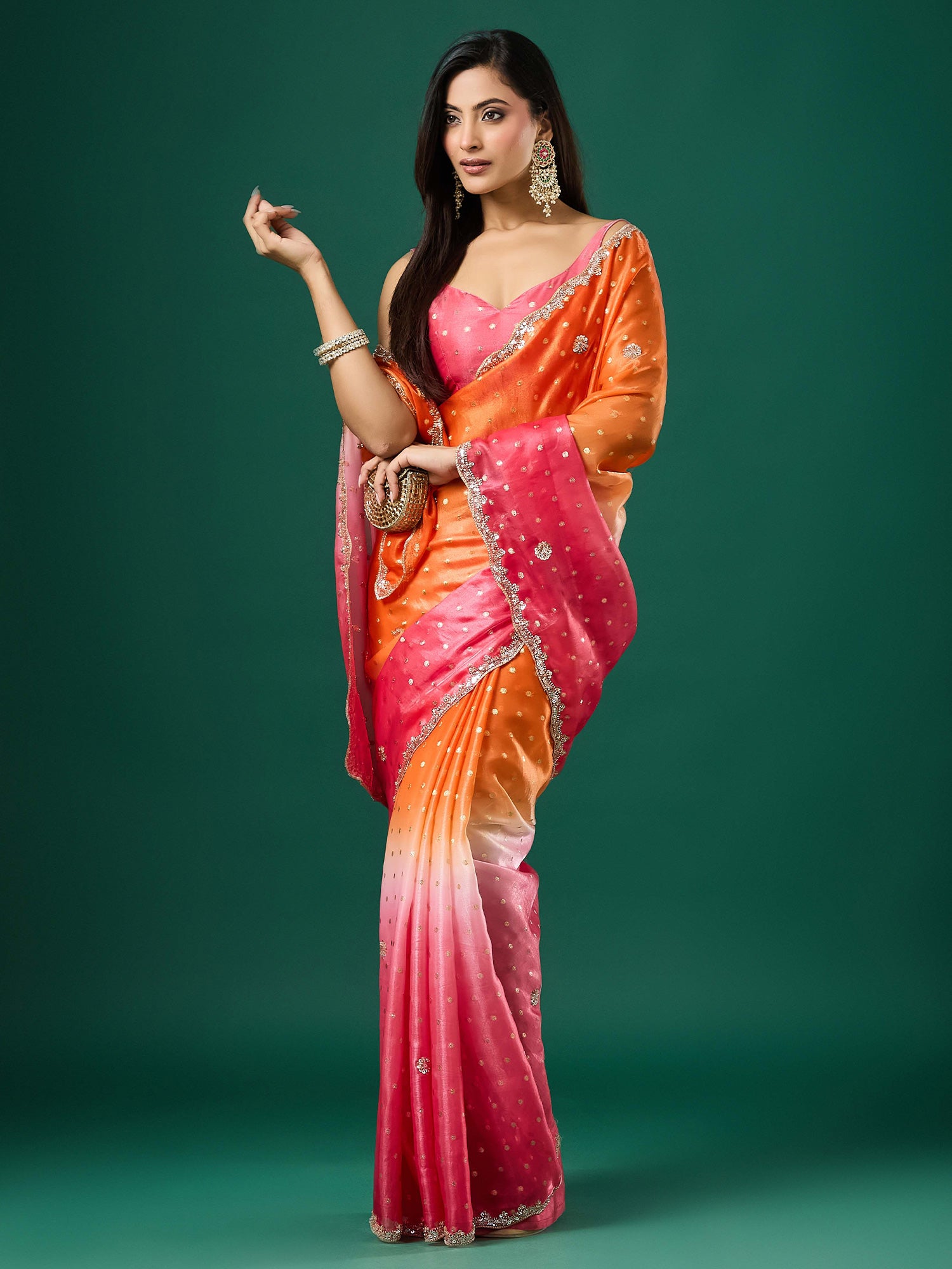 Orange Satin saree – detail view 2