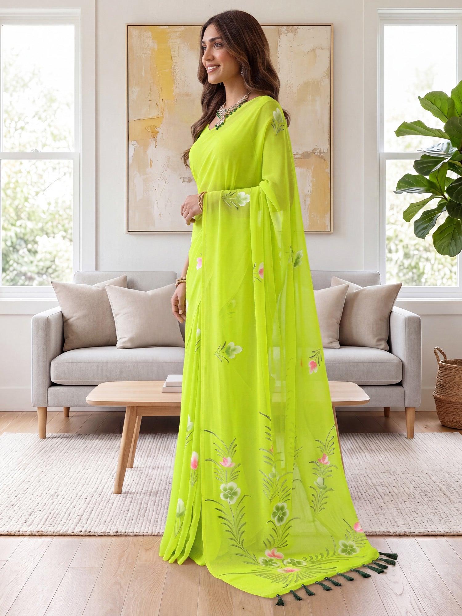 Lime Green Georgette saree – detail view 2