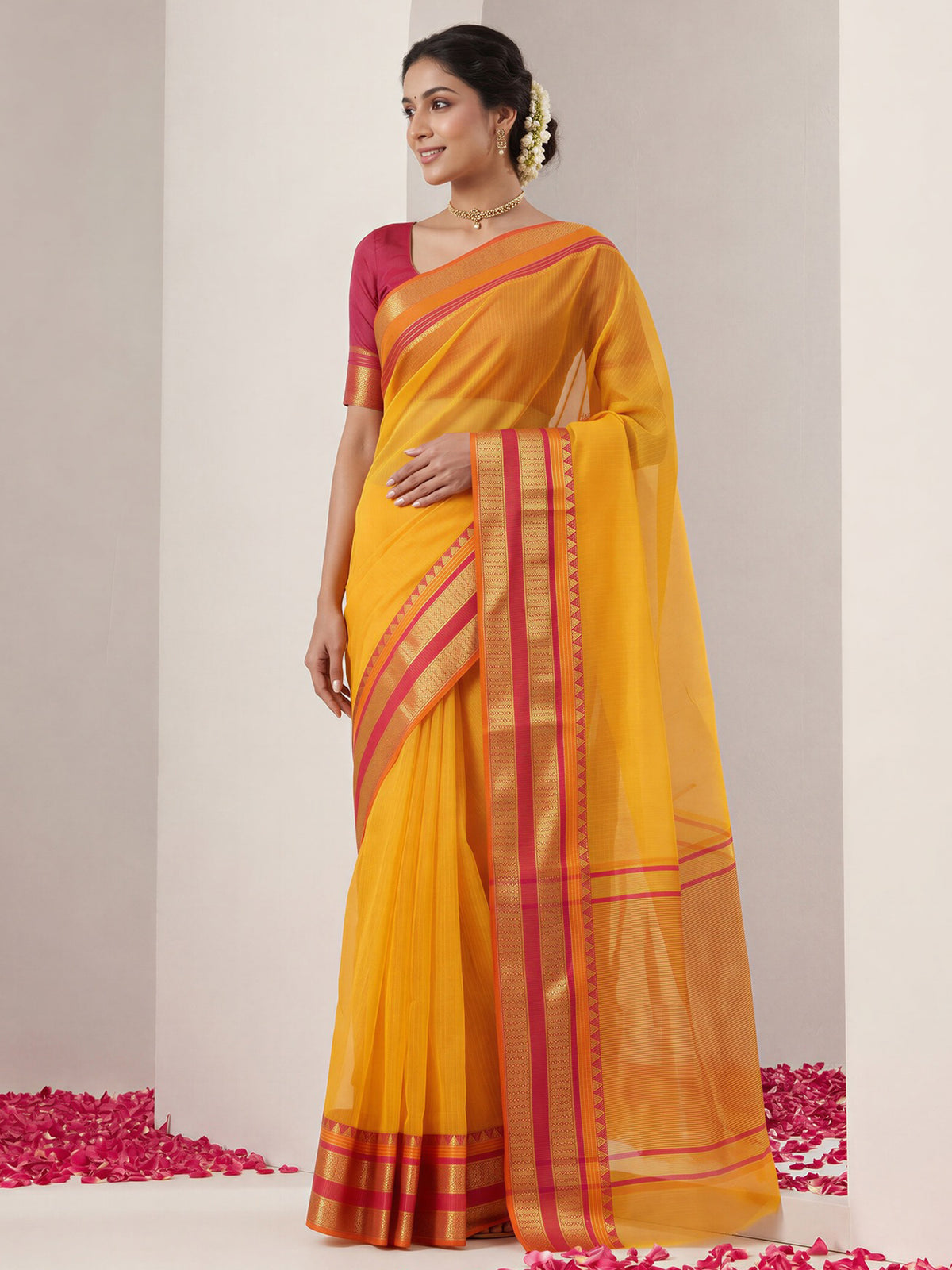 Mustard solid kota doria cotton saree with pink blouse piece