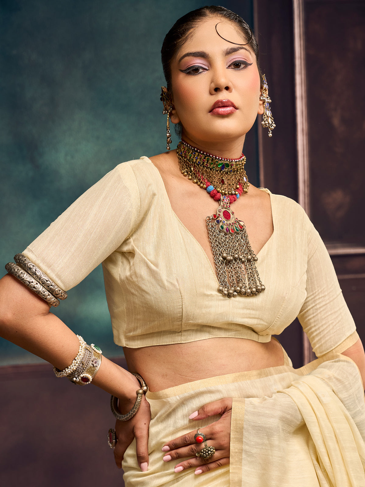 Unstitched cream muga cotton blouse piece with solid design