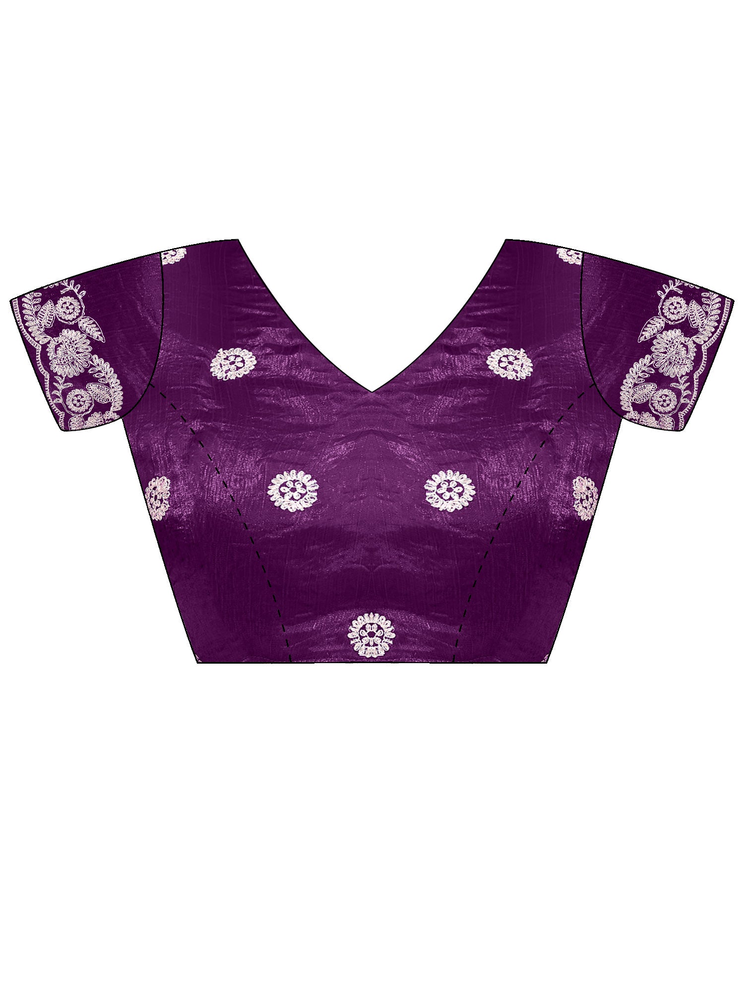 Unstitched purple satin blouse piece with embroidered design