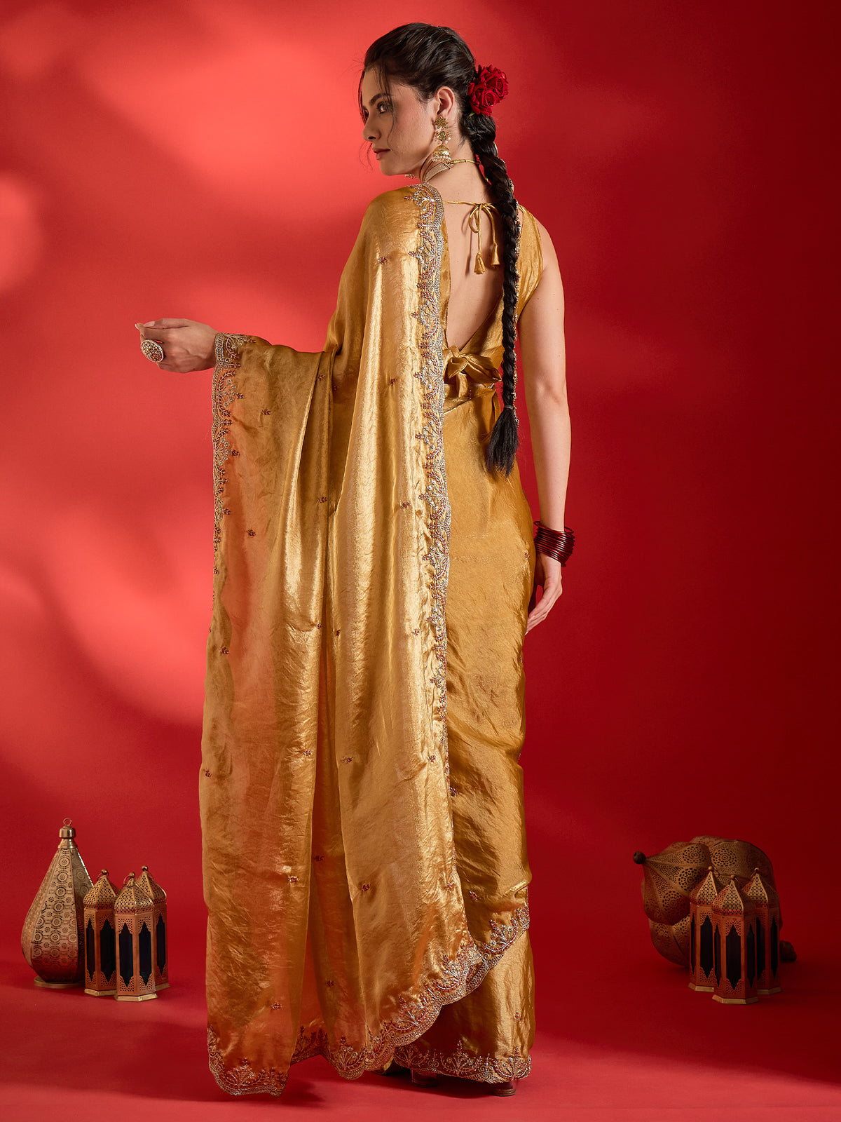 Mustard Satin saree – detail view 1