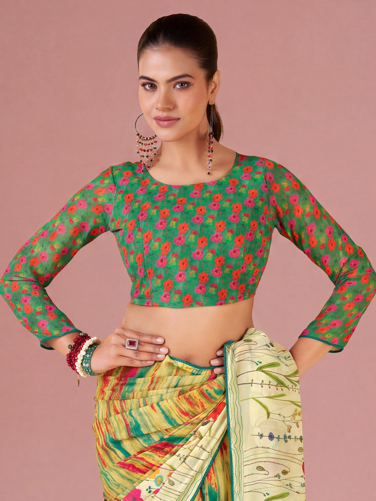 Unstitched mint green georgette blouse piece with floral design