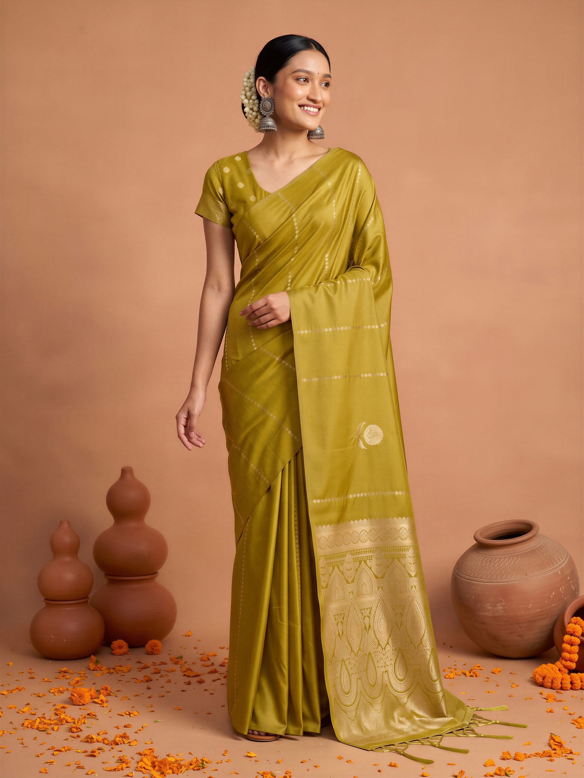 Mustard Satin Silk saree – detail view 2