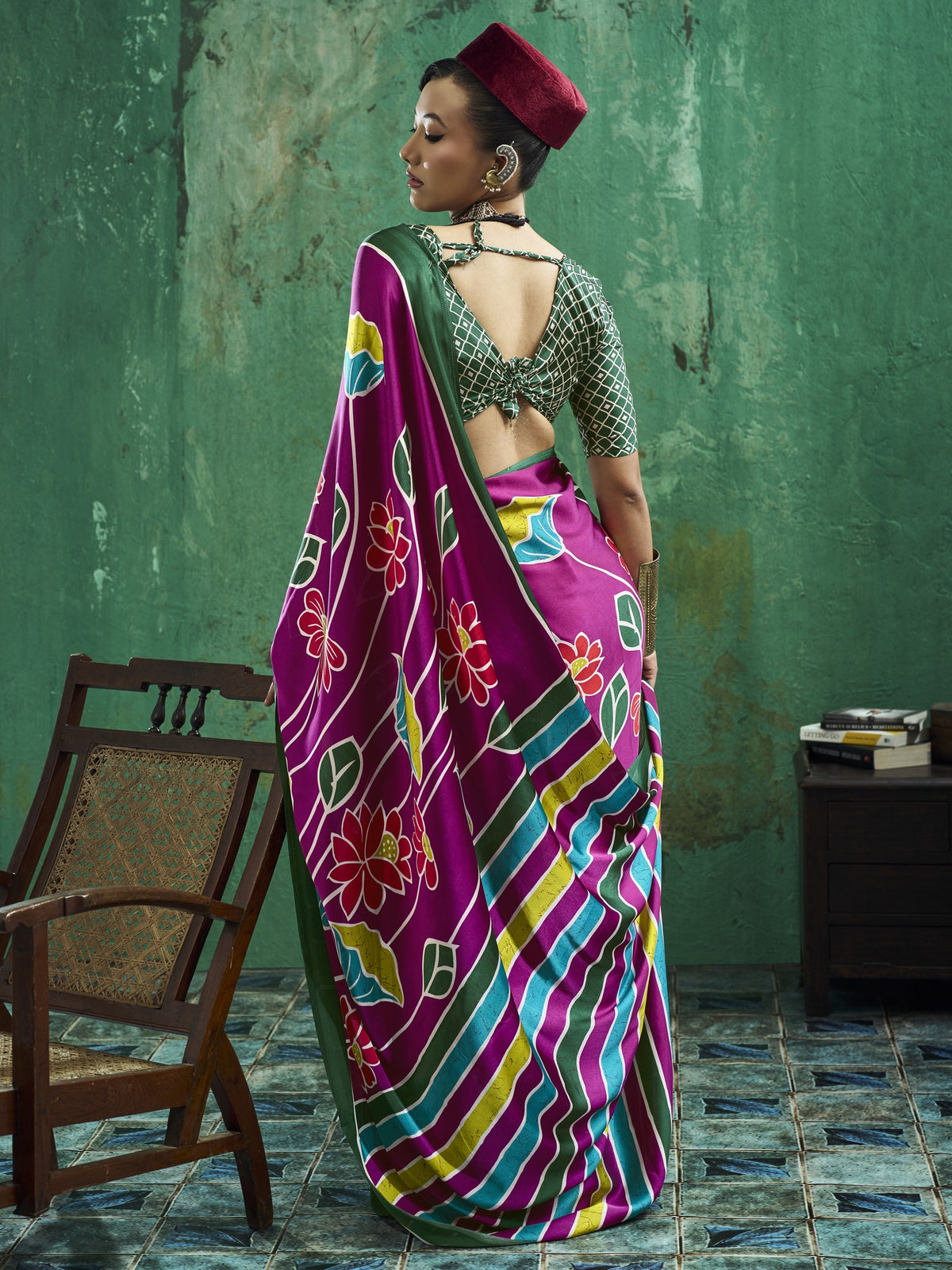 Magenta satin saree view 3