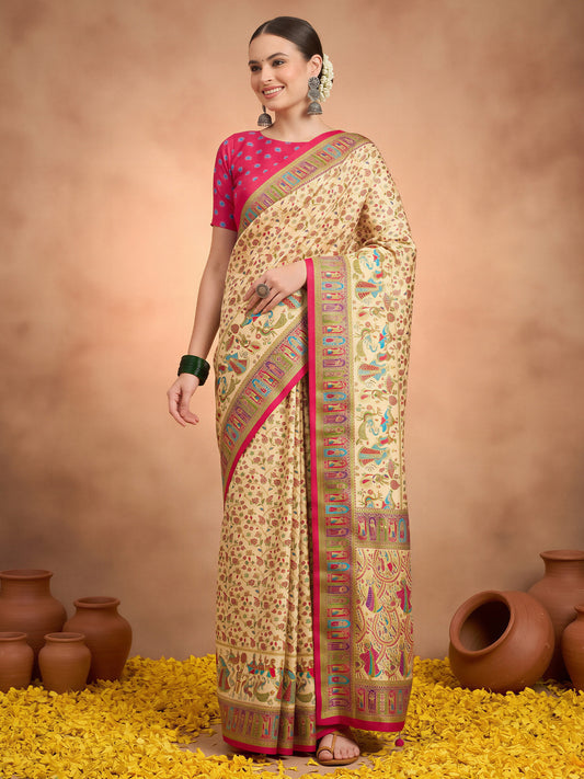 Woman wearing cream silk blend saree with metallic foil print work and pink blouse