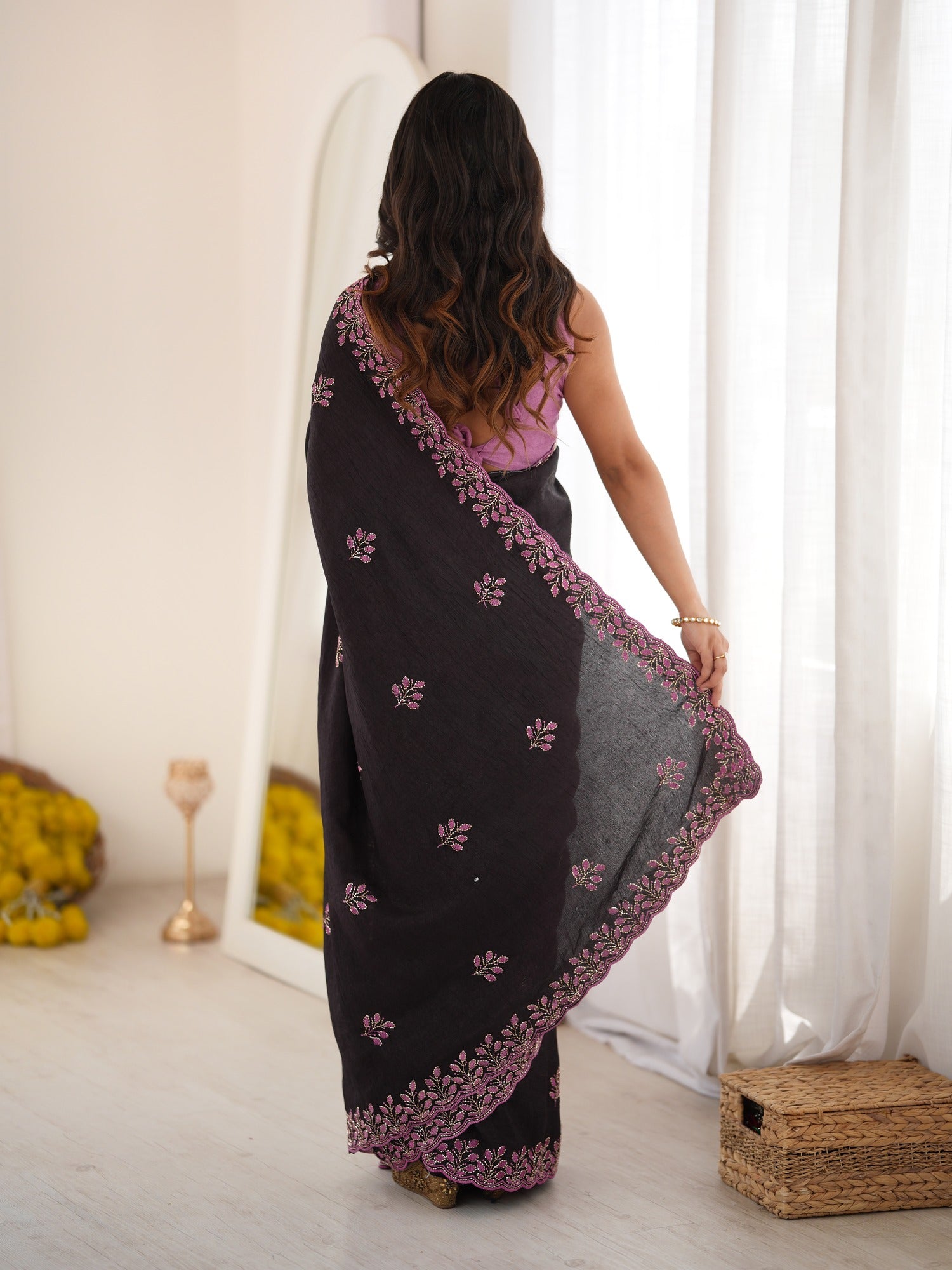 Black Poly Georgette saree – detail view 2