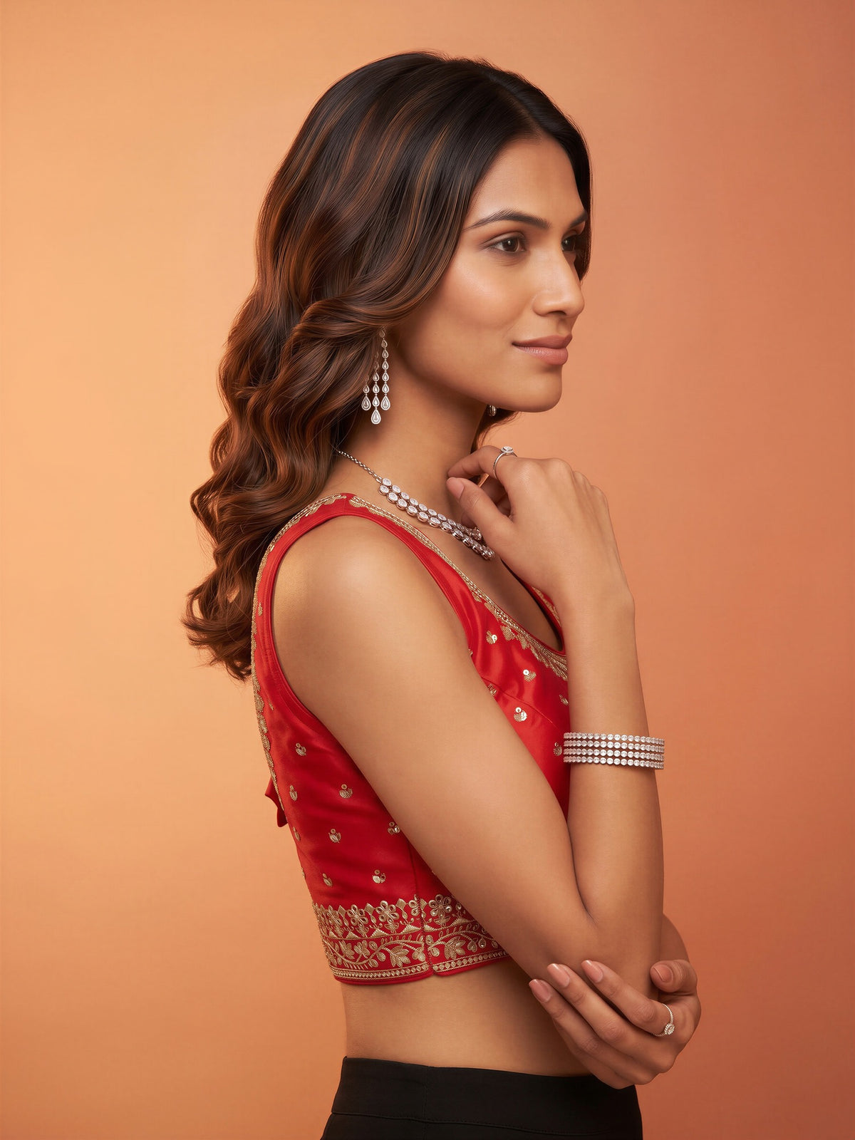 Red sequin embellished silk blend sleeveless readymade saree blouse with round neck view 2
