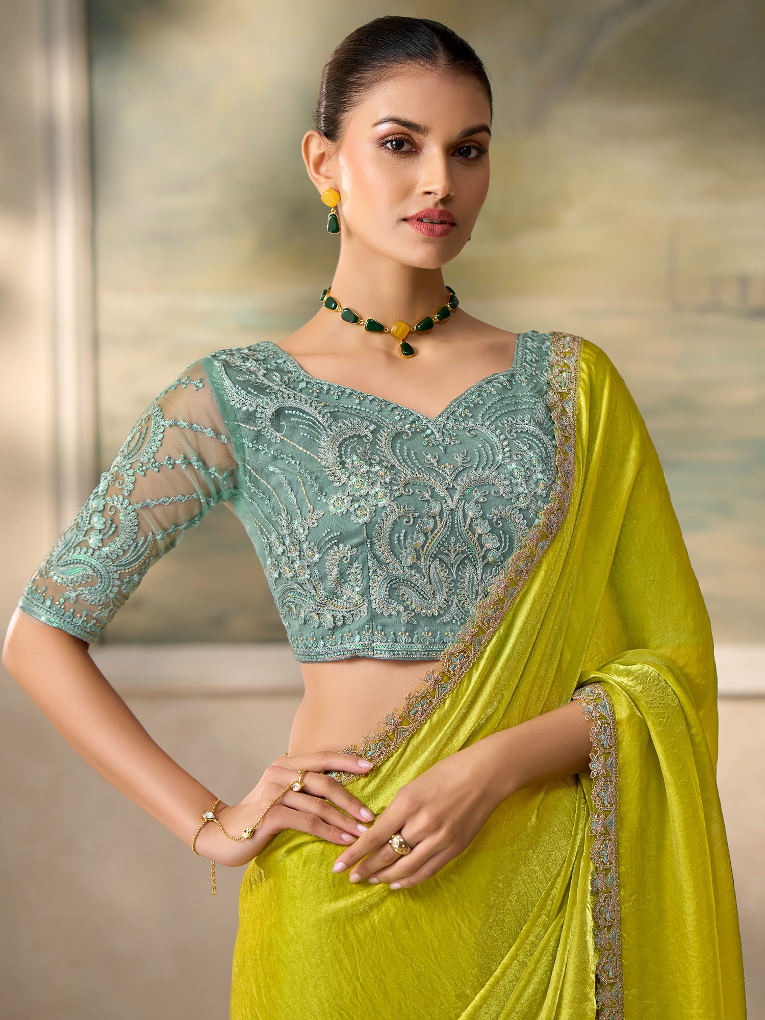 Lime Green Satin Silk saree – detail view 1