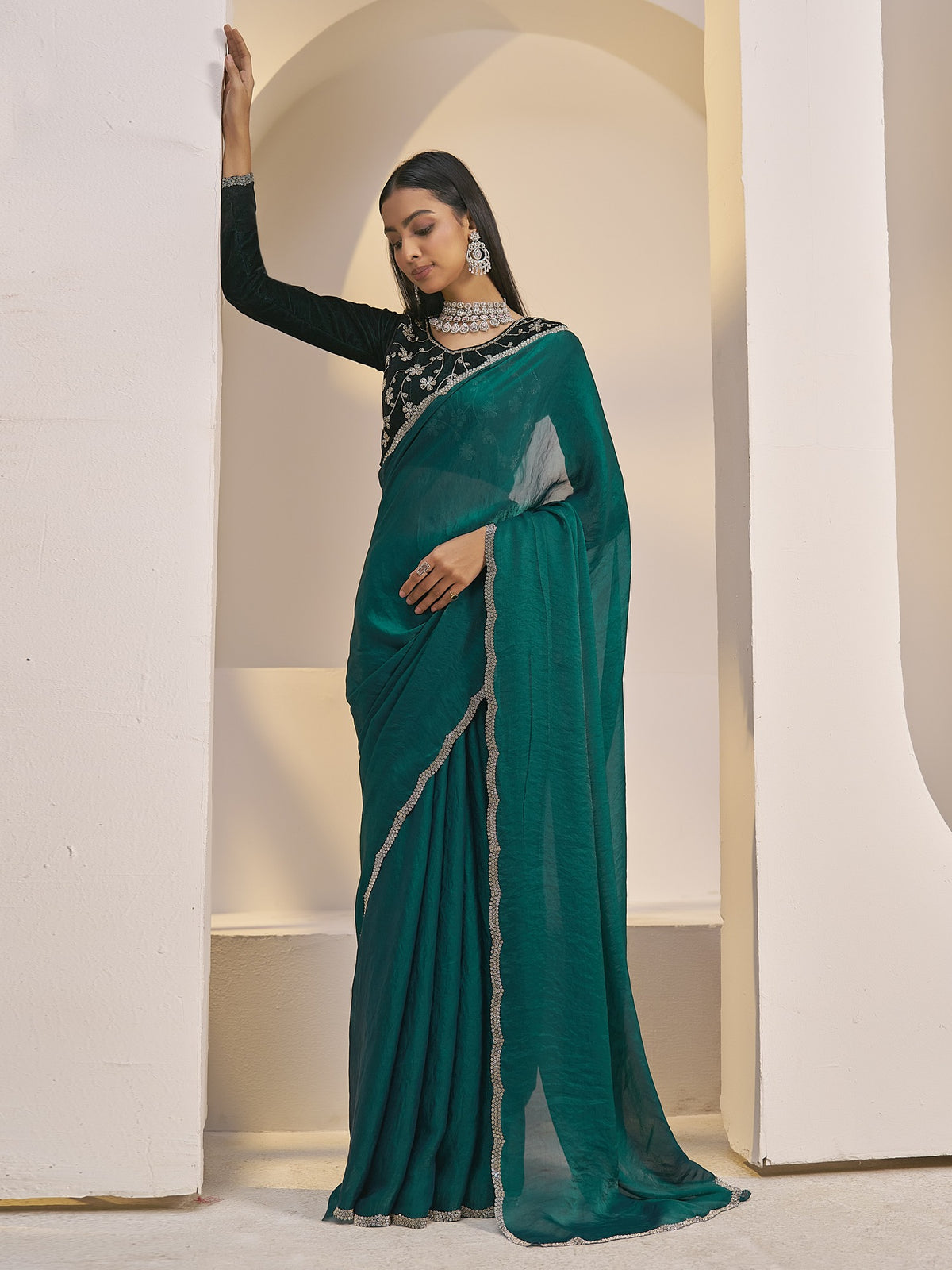 Teal Green solid satin silk saree with teal green blouse piece